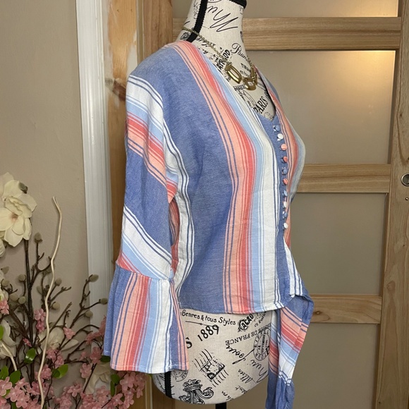 Girl Krazy Cropped Blouse Bell Flared Sleeves Stripped Front Button/Tie Size M - Picture 5 of 7